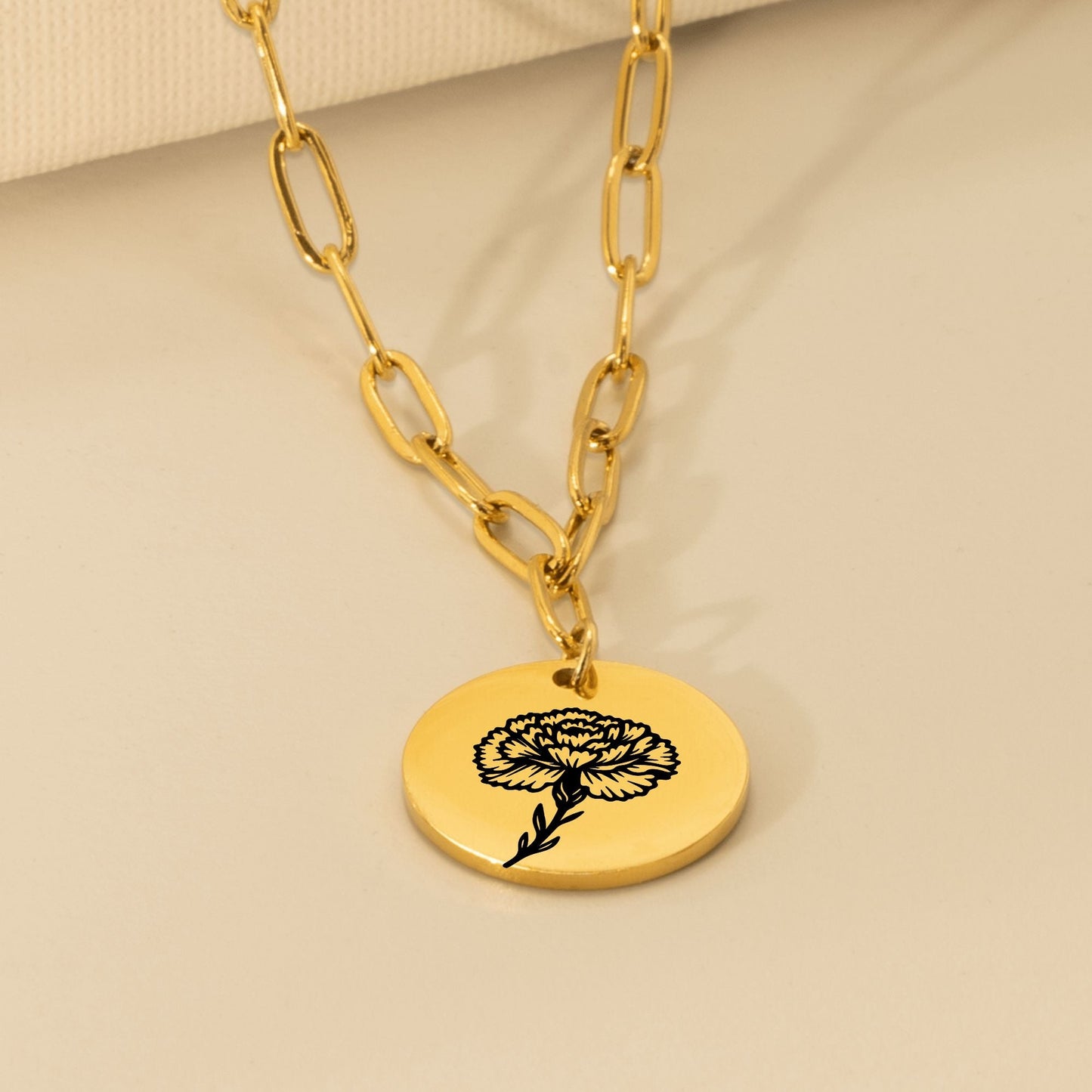 Birth Flower Paperclip Coin Necklace