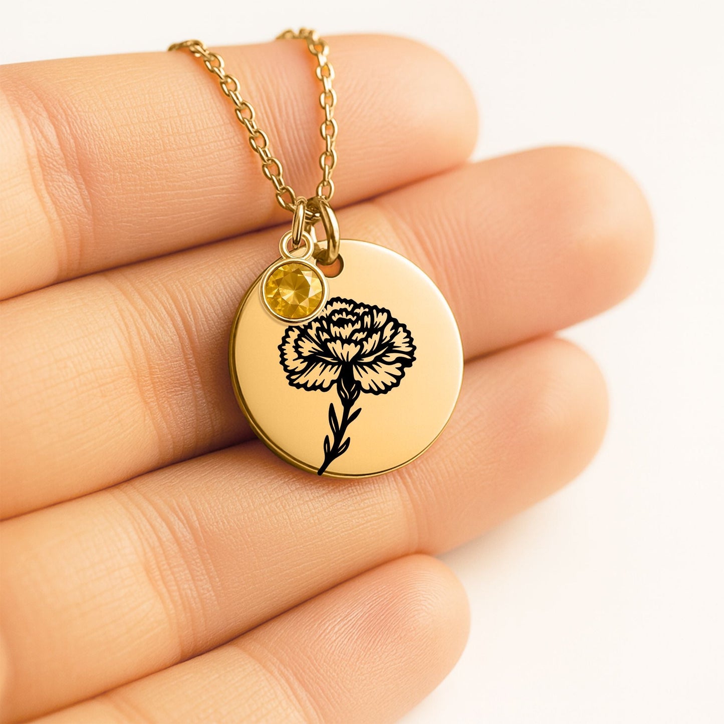 Birth Flower Necklace with Birthstone - Fine Link Coin Necklace