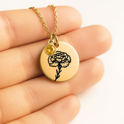 Birth Flower Necklace with Birthstone - Fine Link Coin Necklace