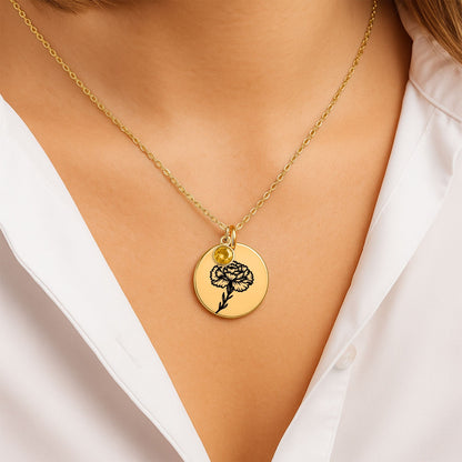 Birth Flower Necklace with Birthstone - Fine Link Coin Necklace