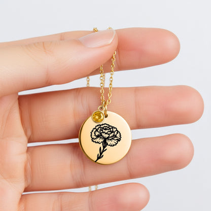 Birth Flower Necklace with Birthstone - Fine Link Coin Necklace