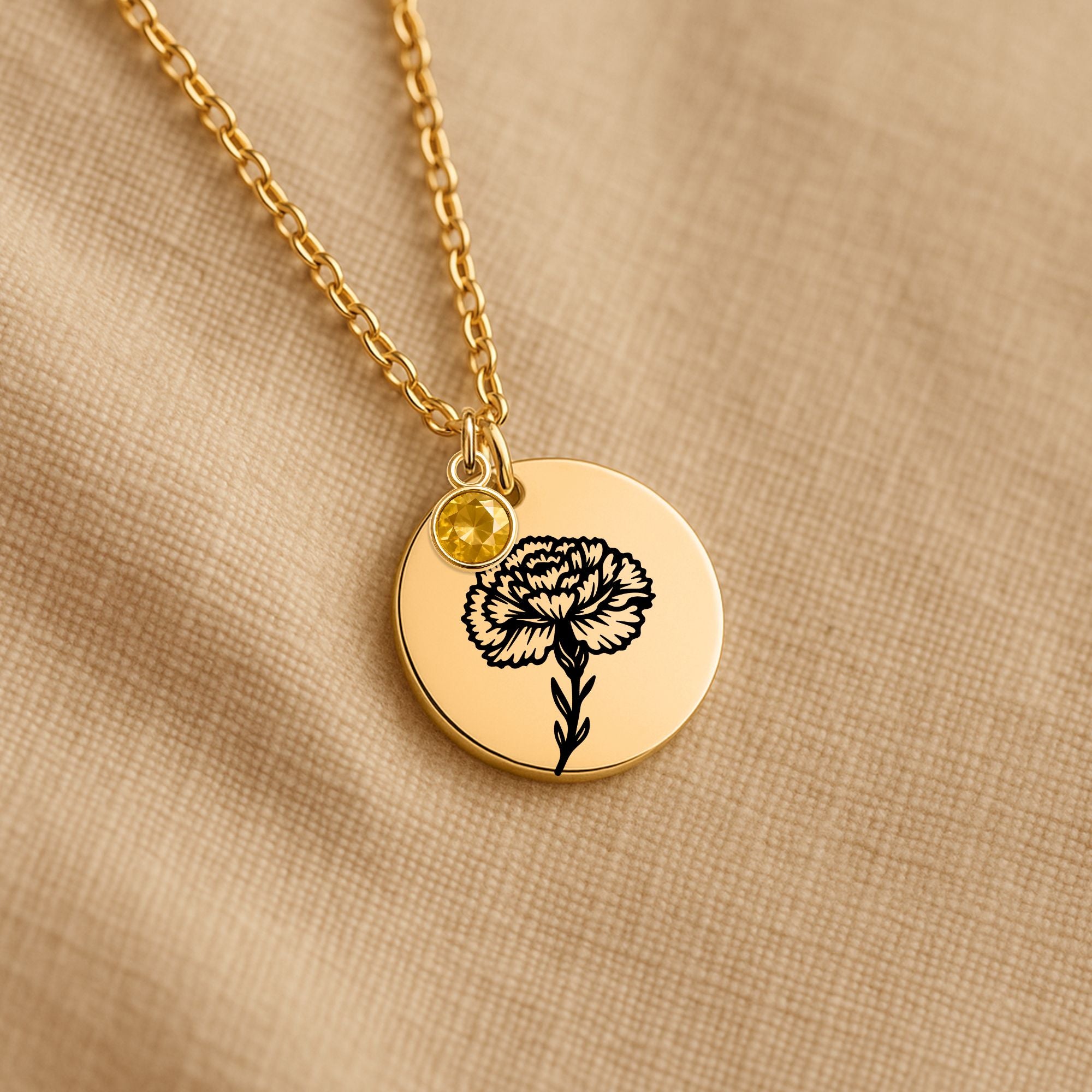 Birth Flower Necklace with Birthstone - Fine Link Coin Necklace