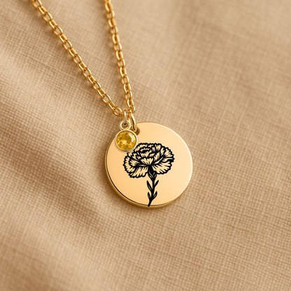 Birth Flower Necklace with Birthstone - Fine Link Coin Necklace