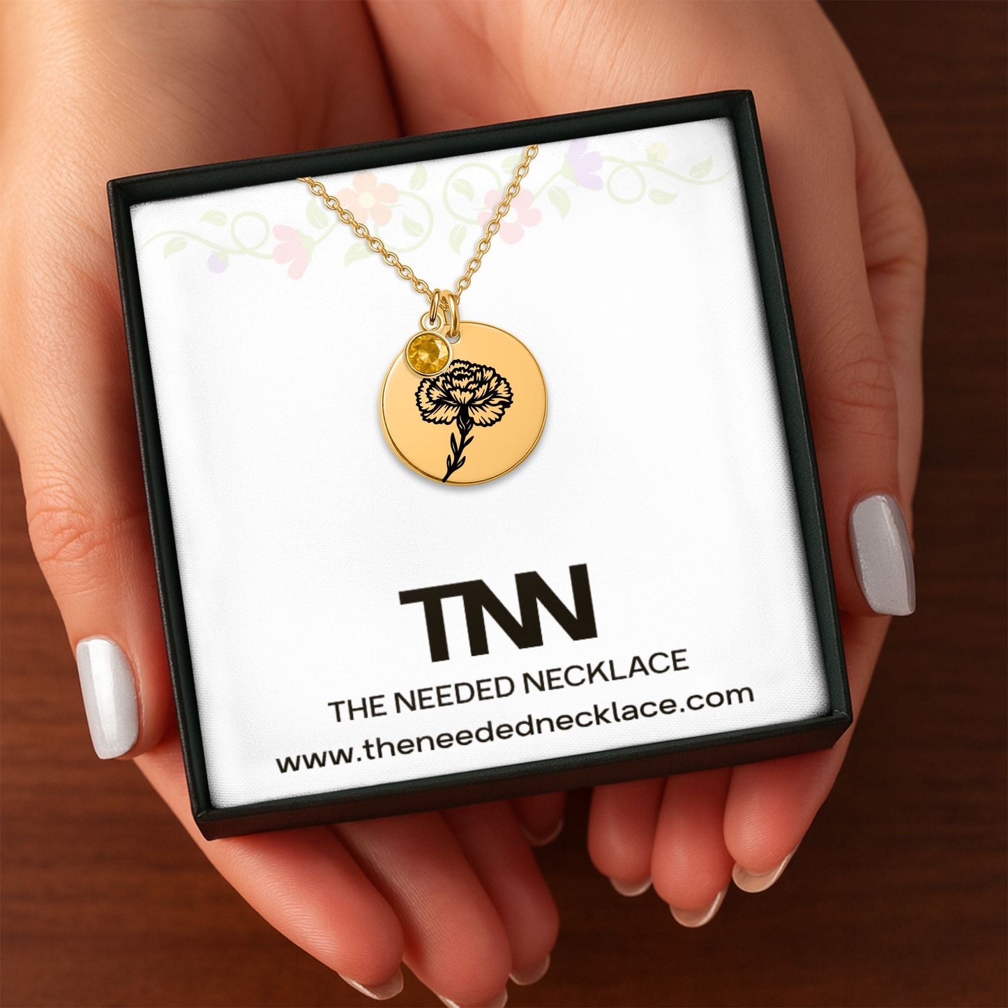 Birth Flower Necklace with Birthstone - Fine Link Coin Necklace