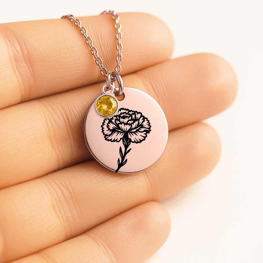Birth Flower Necklace with Birthstone - Fine Link Coin Necklace