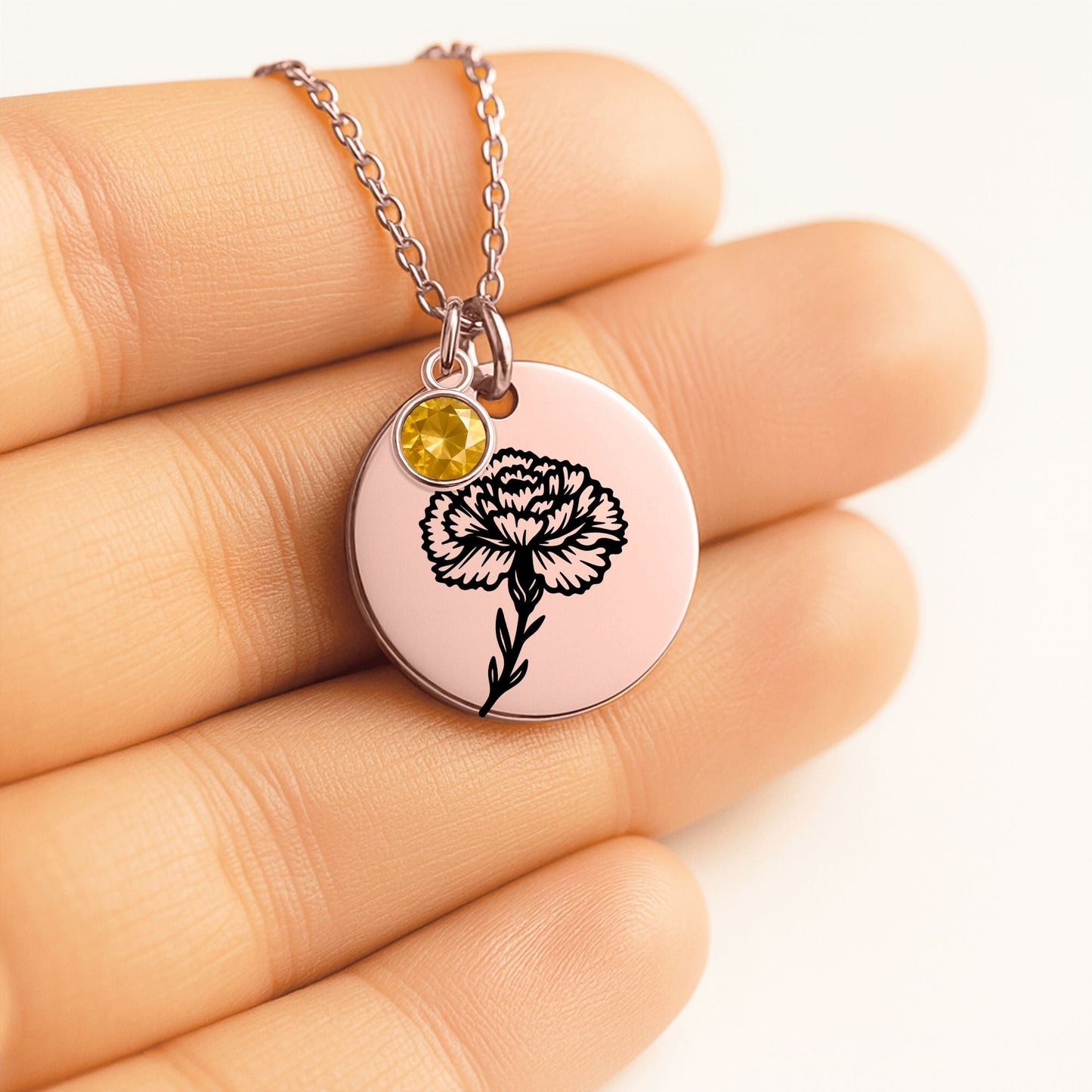 Birth Flower Necklace with Birthstone - Fine Link Coin Necklace