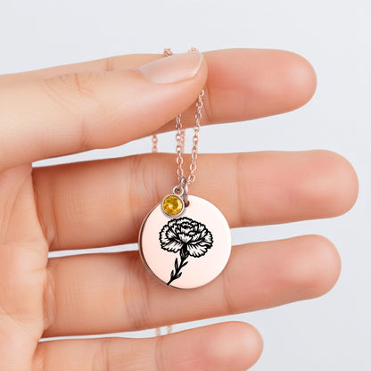 Birth Flower Necklace with Birthstone - Fine Link Coin Necklace