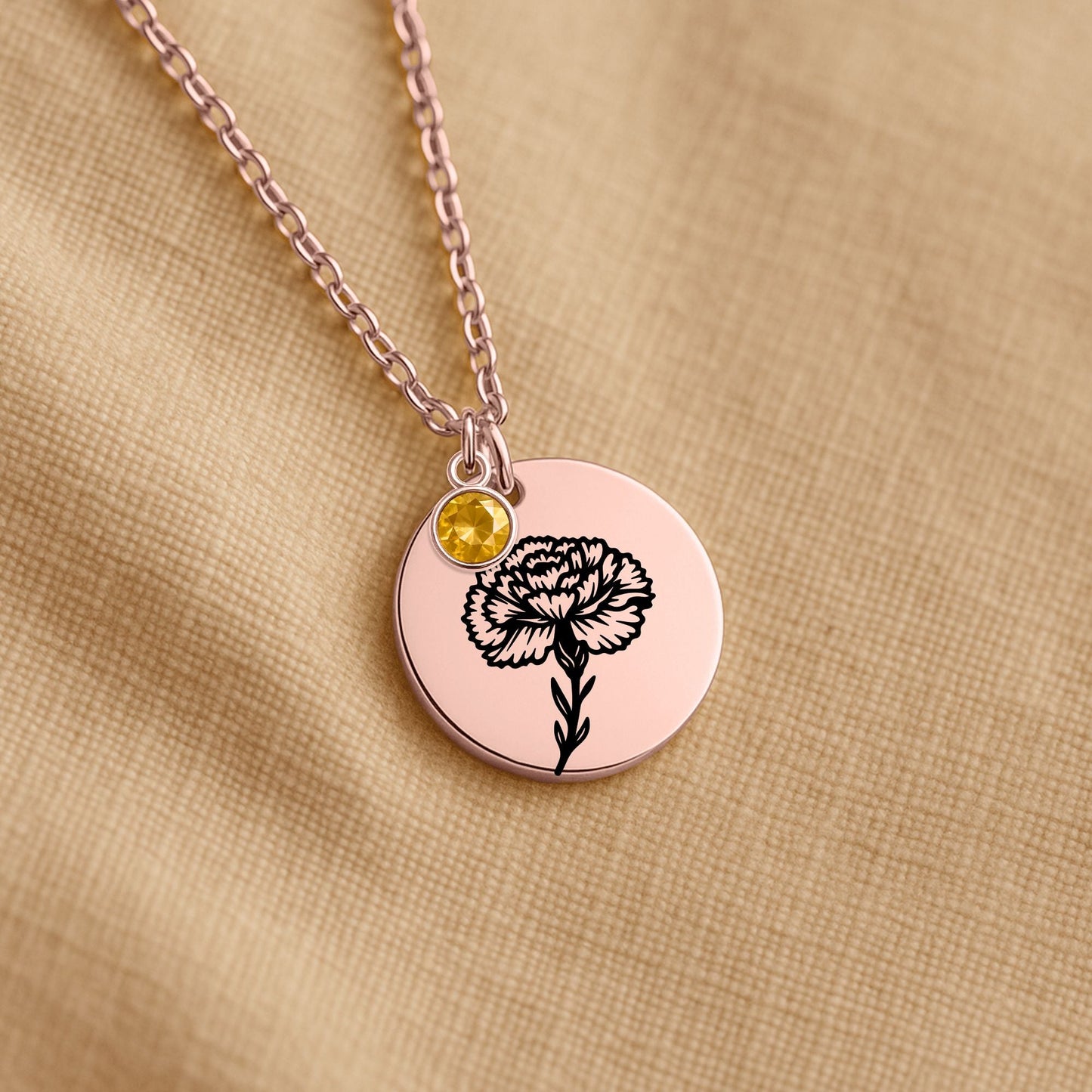 Birth Flower Necklace with Birthstone - Fine Link Coin Necklace