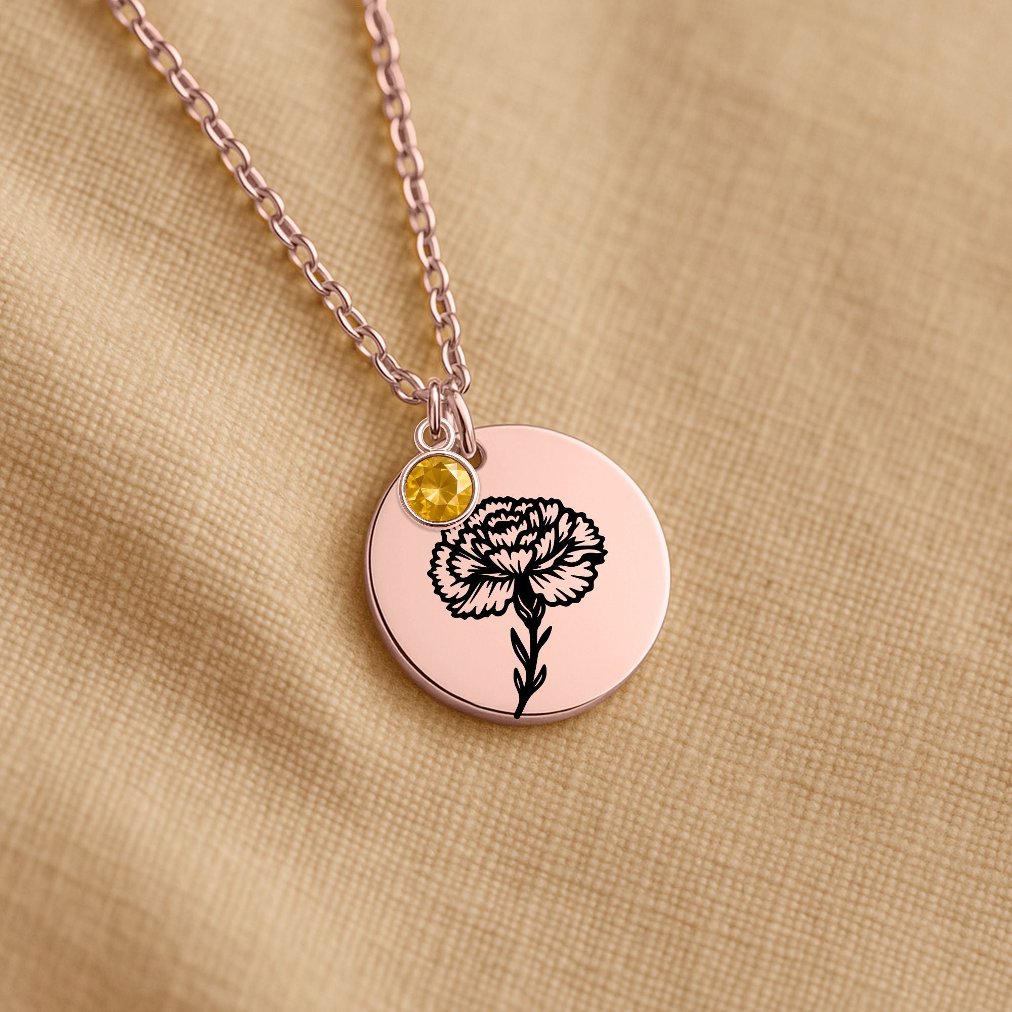 Birth Flower Necklace with Birthstone - Fine Link Coin Necklace