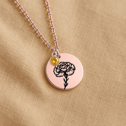 Birth Flower Necklace with Birthstone - Fine Link Coin Necklace