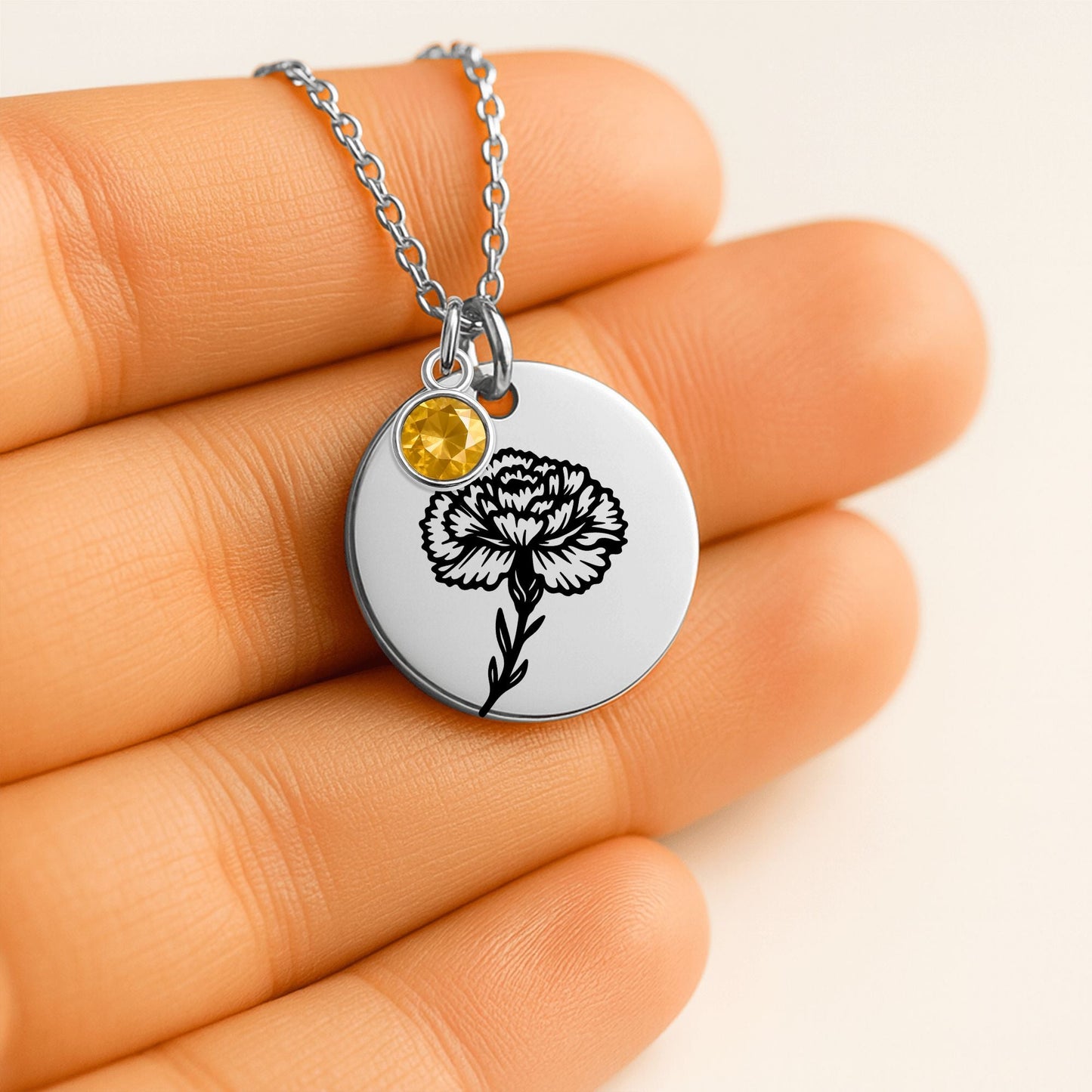 Birth Flower Necklace with Birthstone - Fine Link Coin Necklace