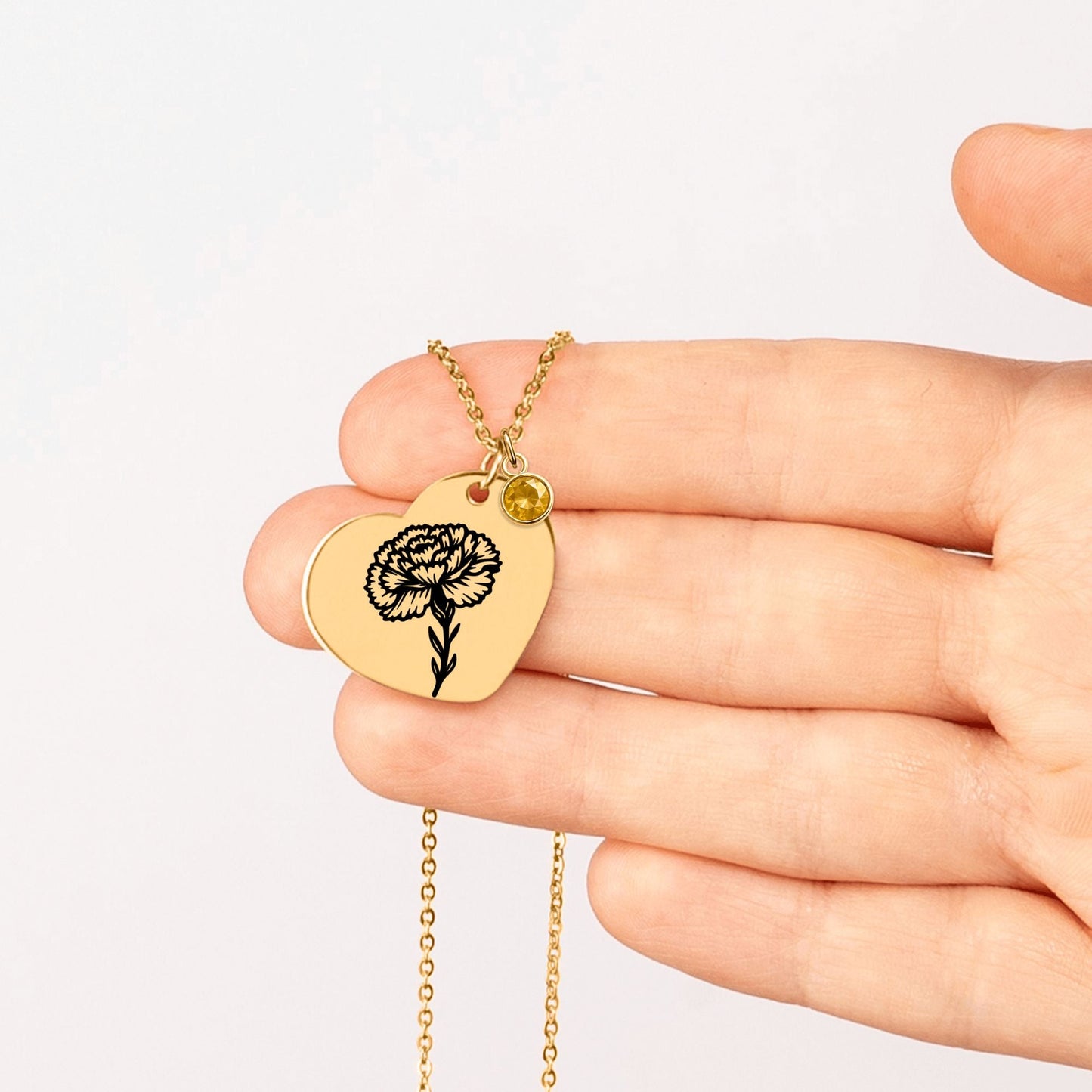 Birth Flower Necklace with Birthstone - Fine Link Heart Necklace