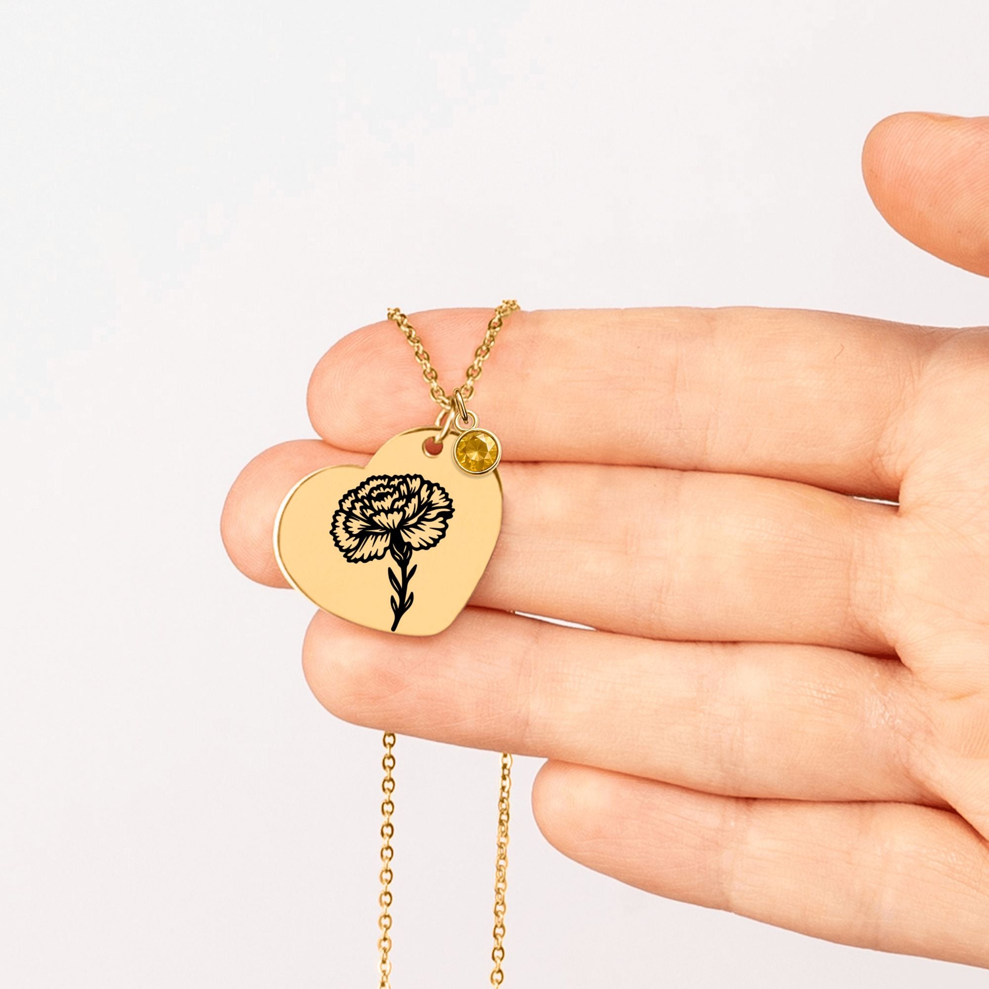 Birth Flower Necklace with Birthstone - Fine Link Heart Necklace