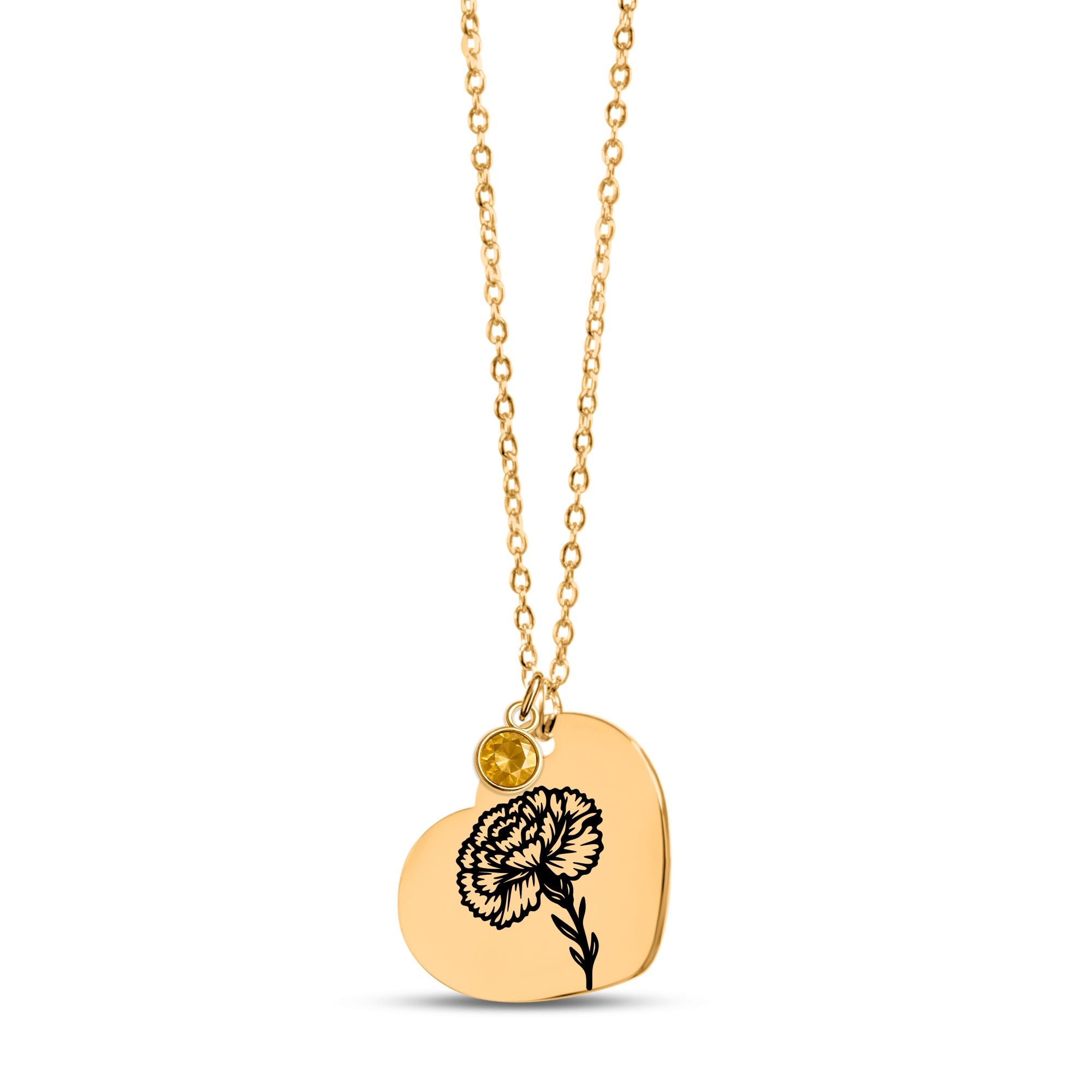 Birth Flower Necklace with Birthstone - Fine Link Heart Necklace