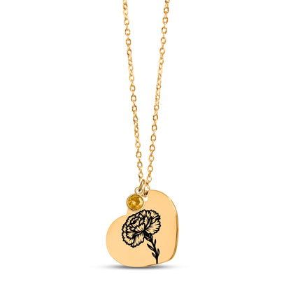 Birth Flower Necklace with Birthstone - Fine Link Heart Necklace