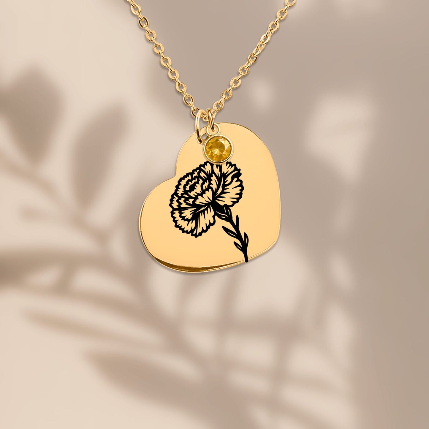 Birth Flower Necklace with Birthstone - Fine Link Heart Necklace