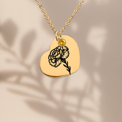 Birth Flower Necklace with Birthstone - Fine Link Heart Necklace