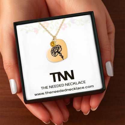 Birth Flower Necklace with Birthstone - Fine Link Heart Necklace
