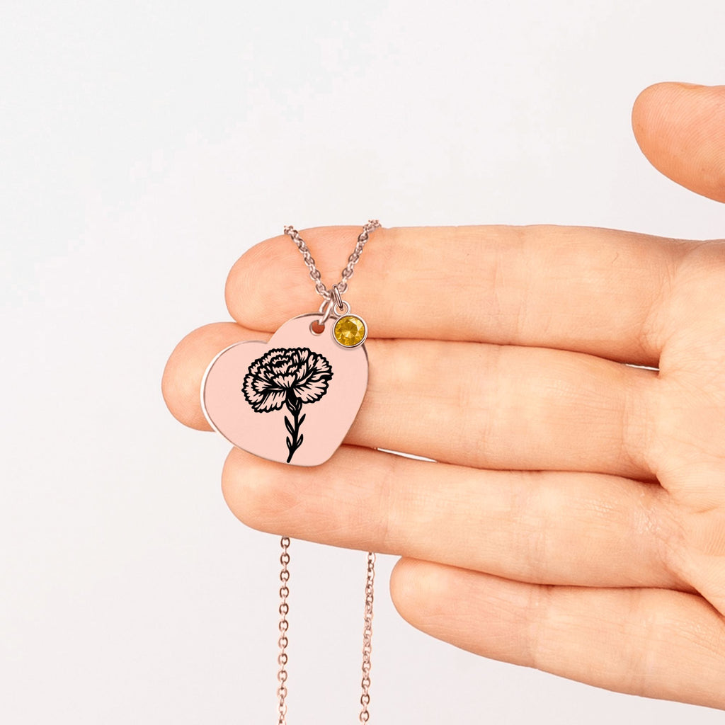 Birth Flower Necklace with Birthstone - Fine Link Heart Necklace