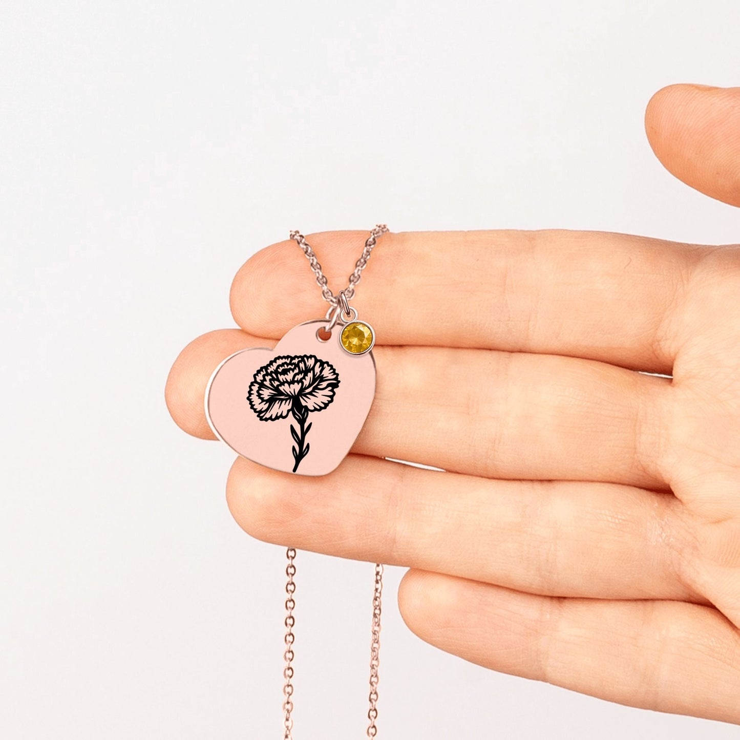 Birth Flower Necklace with Birthstone - Fine Link Heart Necklace