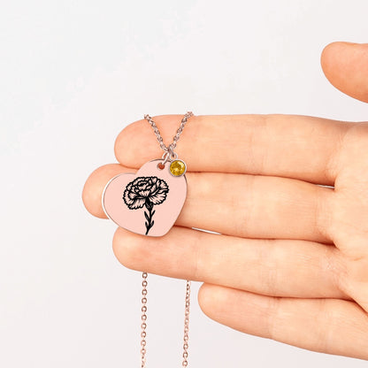 Birth Flower Necklace with Birthstone - Fine Link Heart Necklace
