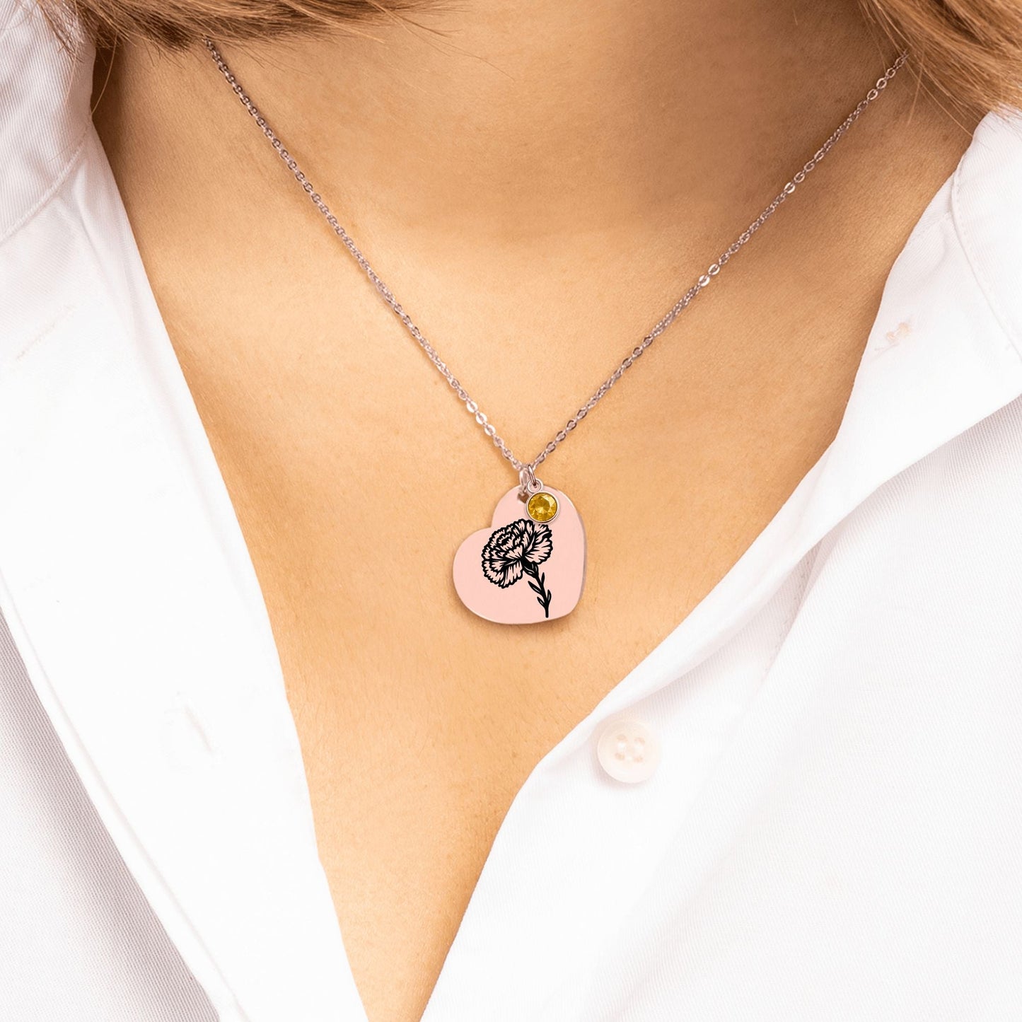 Birth Flower Necklace with Birthstone - Fine Link Heart Necklace