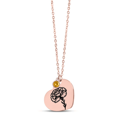 Birth Flower Necklace with Birthstone - Fine Link Heart Necklace