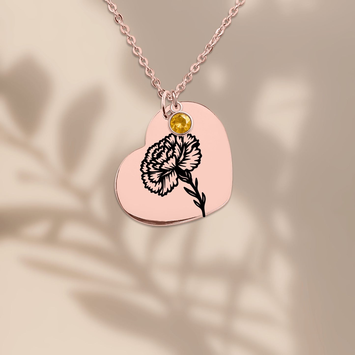 Birth Flower Necklace with Birthstone - Fine Link Heart Necklace