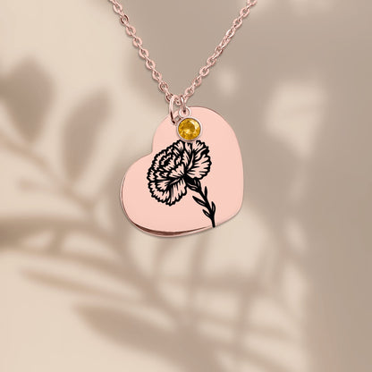 Birth Flower Necklace with Birthstone - Fine Link Heart Necklace