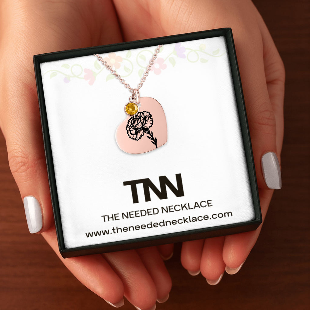 Birth Flower Necklace with Birthstone - Fine Link Heart Necklace