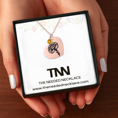 Birth Flower Necklace with Birthstone - Fine Link Heart Necklace