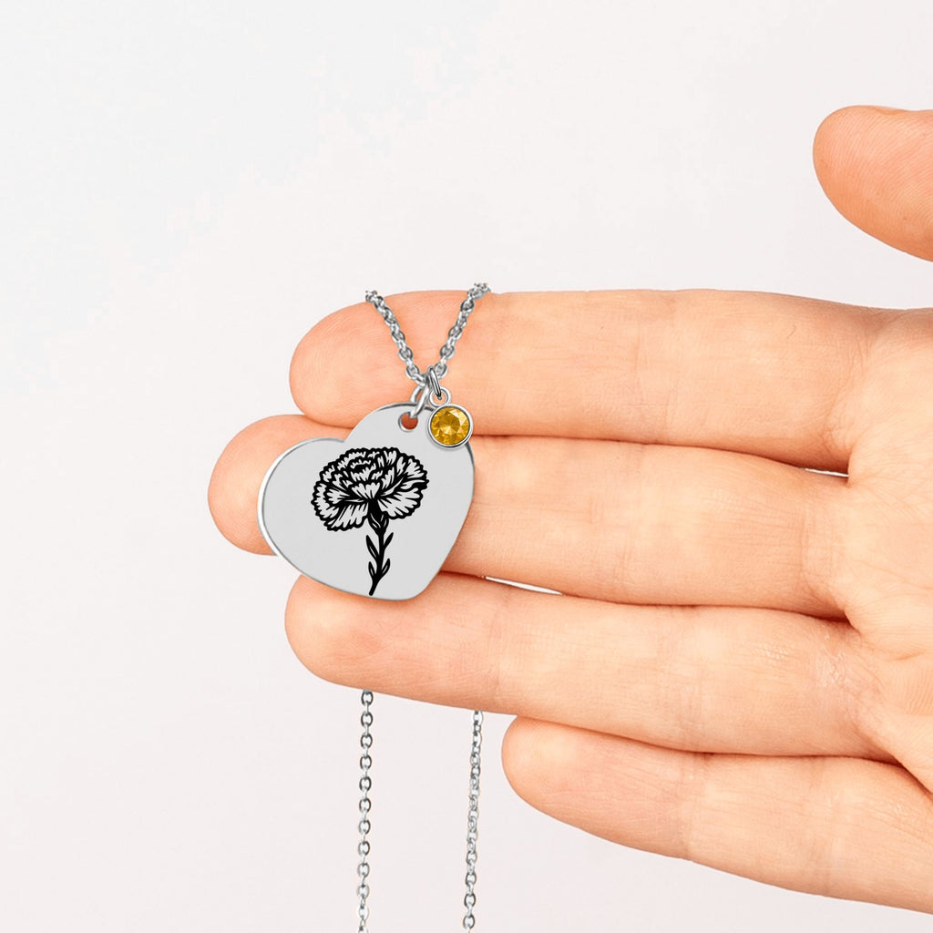 Birth Flower Necklace with Birthstone - Fine Link Heart Necklace