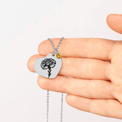 Birth Flower Necklace with Birthstone - Fine Link Heart Necklace
