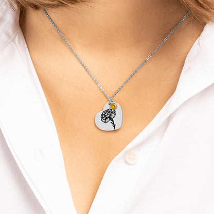 Birth Flower Necklace with Birthstone - Fine Link Heart Necklace